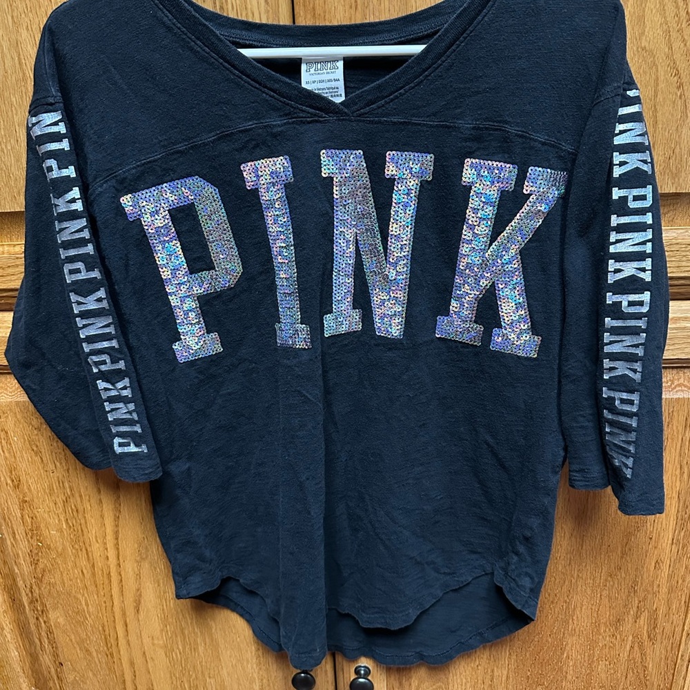 Victoria's Secret Pink Charcoal Sequin Logo Jersey Style Top